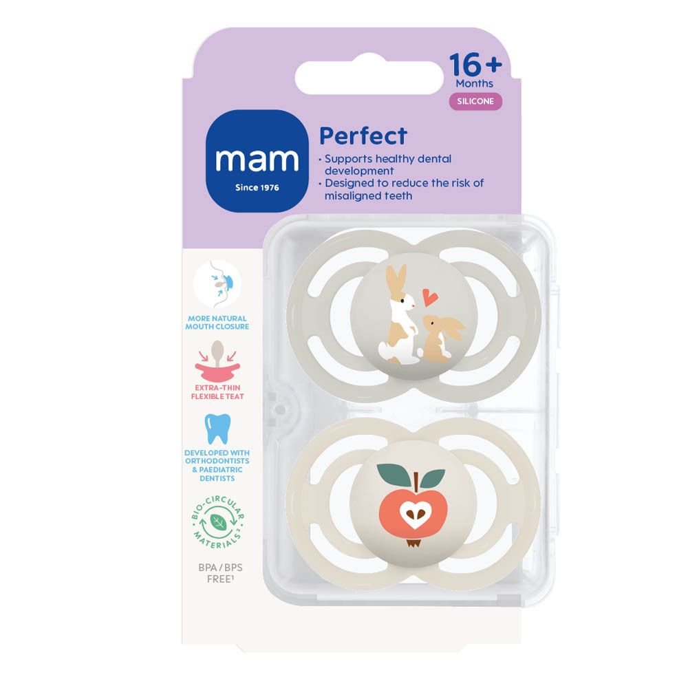 Deux sucettes MAM Perfect en silicone, 16+ mois, dans leur emballage. Une avec un motif renard, l'autre avec un motif girafe.