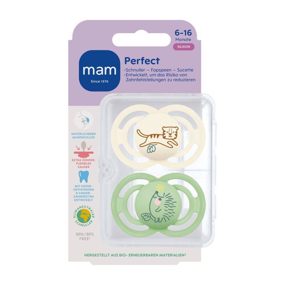 Deux sucettes MAM Perfect, 6-16 mois, en emballage. Vert et beige, motifs animaux.