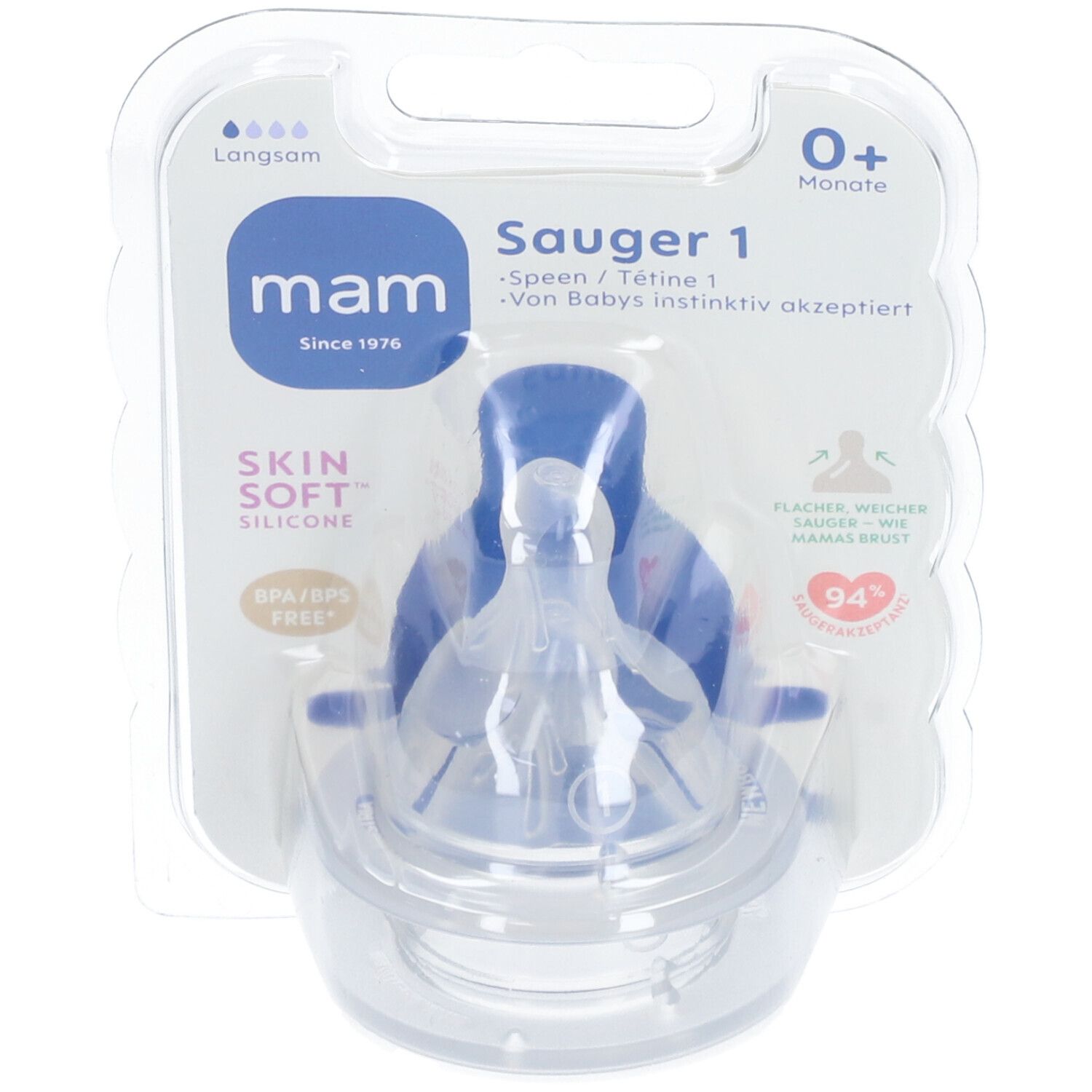 Mam Tétine 1, Taille 1, Silicone Skin Soft, sans BPA, pour bébés dès 0+ mois.