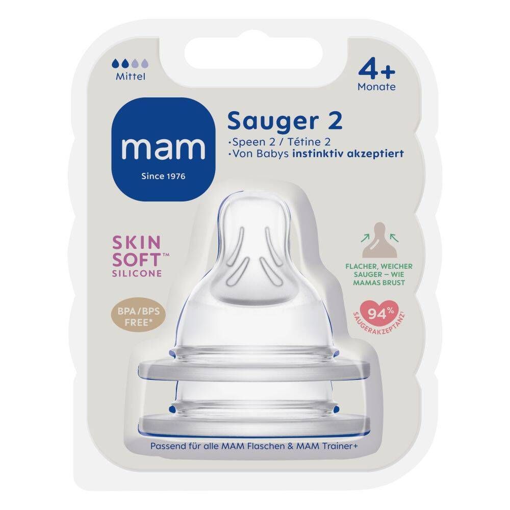 Tétine MAM 2 transparente, emballage blister. Recommandé pour 4+ mois. Silicone SkinSoft. Sans BPA/BPS.