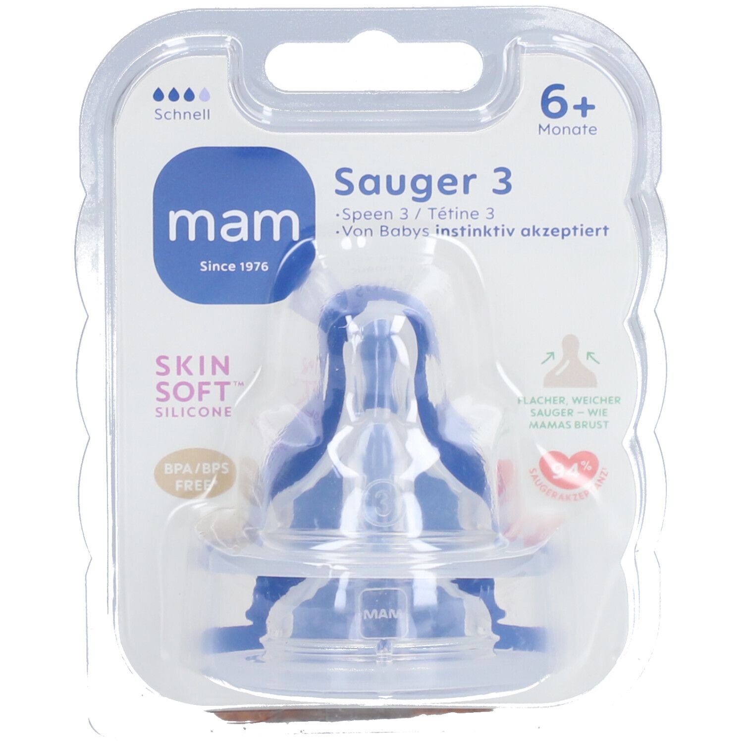 Tétine MAM taille 3 dans un emballage blister. Tétine bleu-transparent, 6+ mois. Sans BPA/BPS. Silicone "Skin Soft".