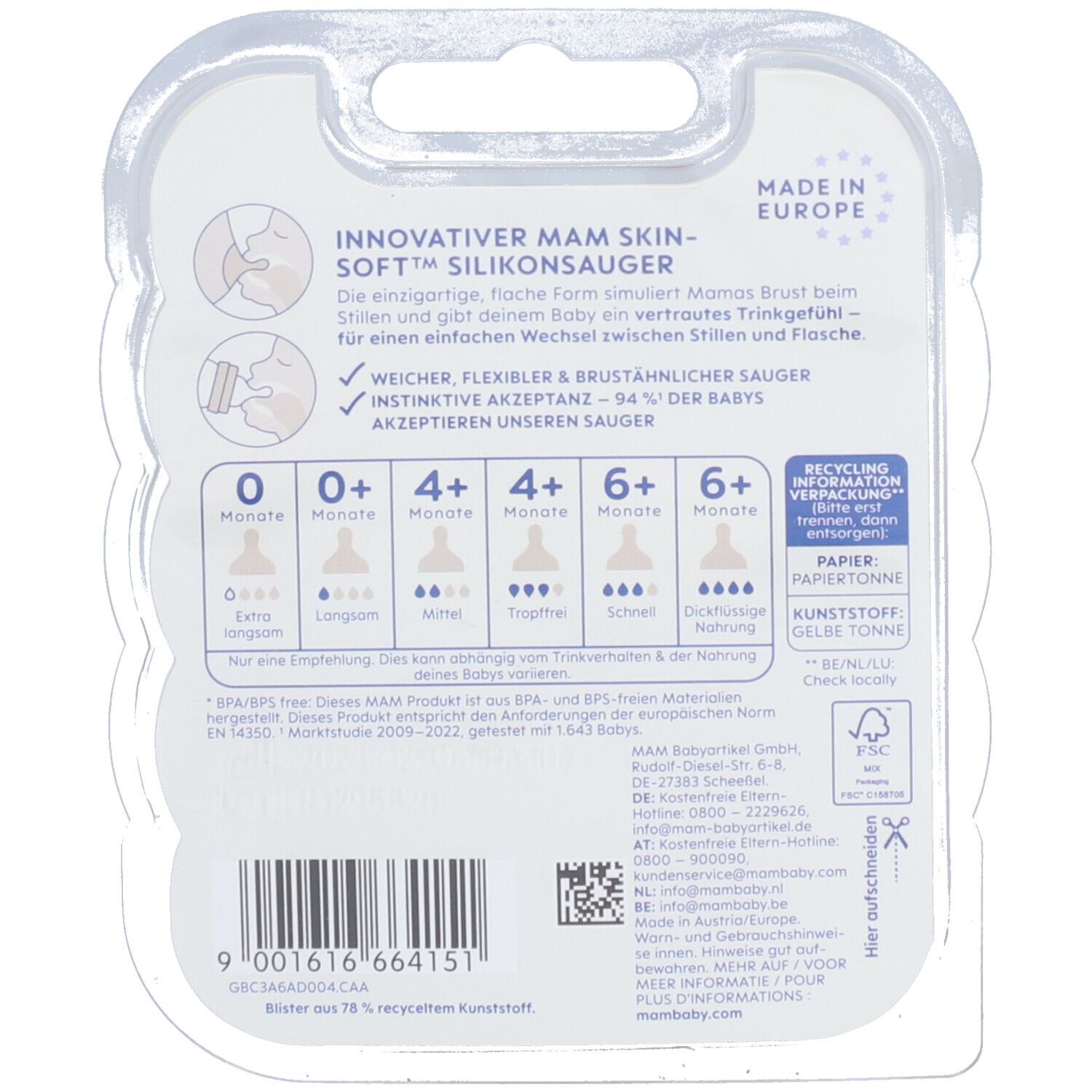 Dos de l'emballage de la tétine MAM. Informations sur les tailles, les matériaux et les certifications. Fabriqué en Europe.