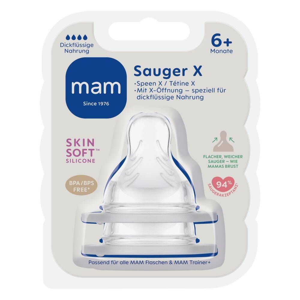 Tétine MAM X, 6m+, emballage. Silicone, sans BPA/BPS. Texte : "Aliments épais".