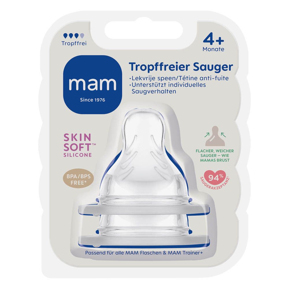 Tétine anti-fuite MAM 4+ mois, silicone SkinSoft, sans BPA/BPS, sous blister.