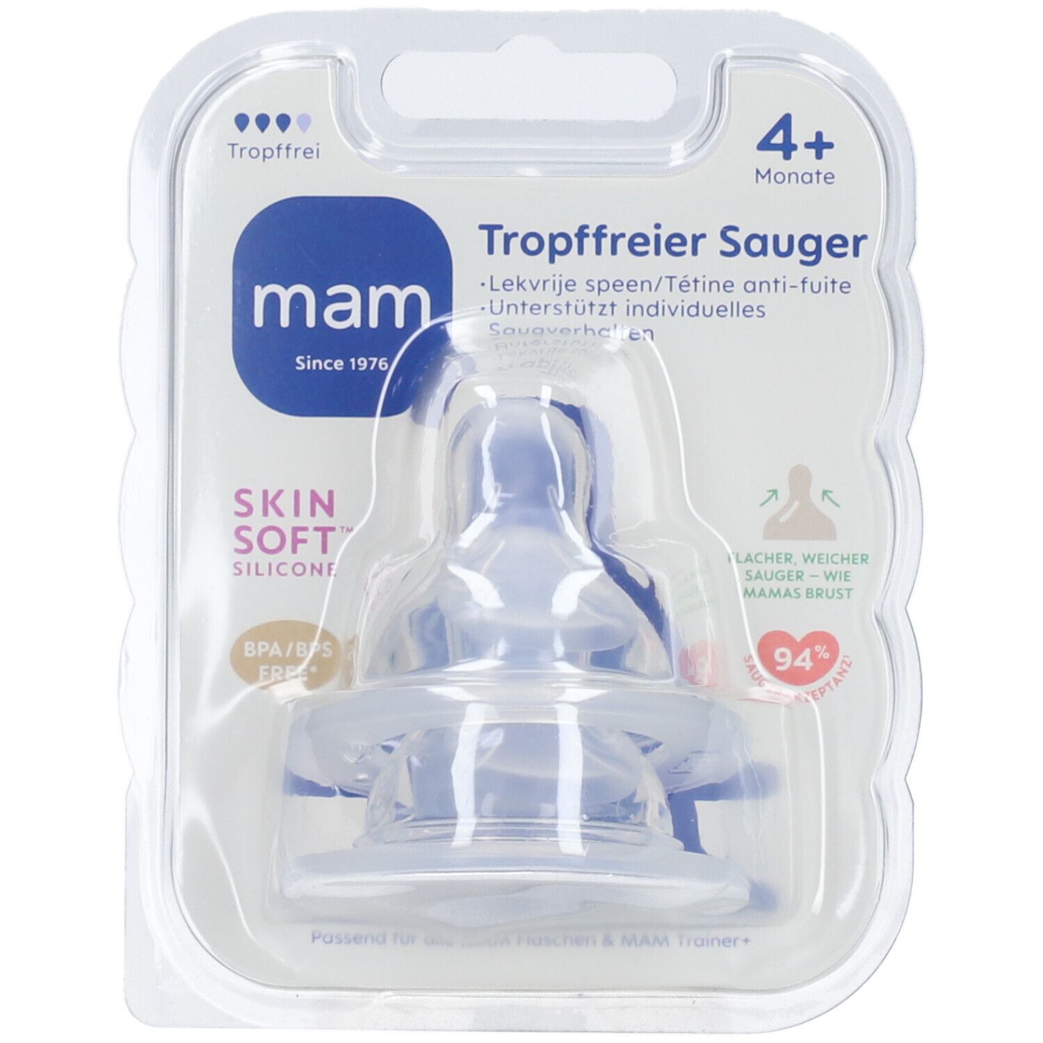 Tétine MAM, 4+ mois, anti-fuite, emballage blister. Silicone, sans BPA/BPS. Texte: Skin Soft, depuis 1976.