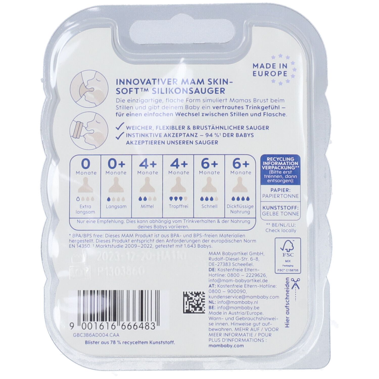 Dos de l'emballage de la tétine MAM. Texte: Tétine en silicone Skin Soft MAM innovante. Âge: 0+, 4+, 6+ mois. Info recyclage.