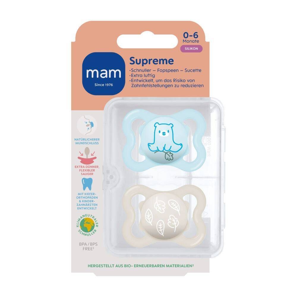 Deux sucettes MAM Supreme dans un emballage. Bleues et beiges, avec motifs animaux et feuilles. 0-6 mois.
