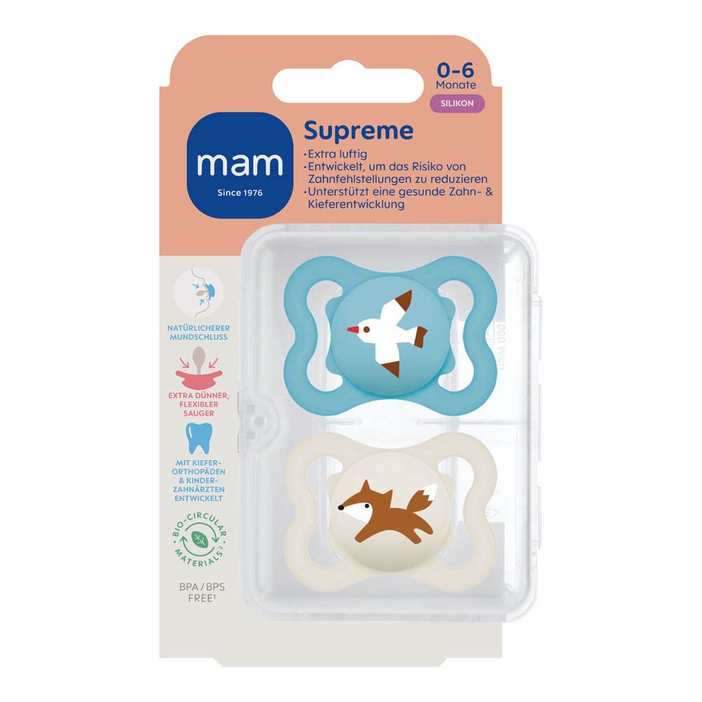 Deux sucettes MAM Supreme en silicone bleu et beige avec motifs animaux, 0-6 mois.