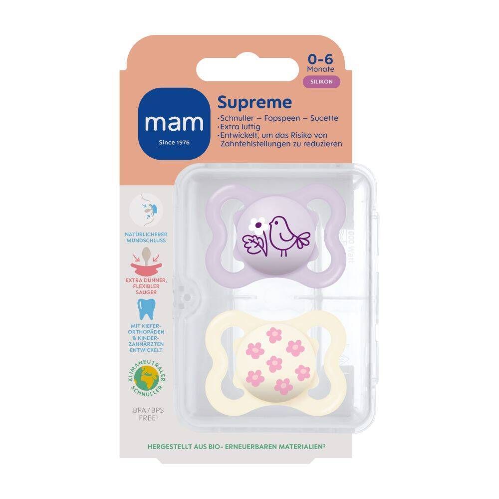 Deux sucettes MAM Supreme, 0-6 mois, en emballage. Violettes et crème, motifs oiseau et fleurs.