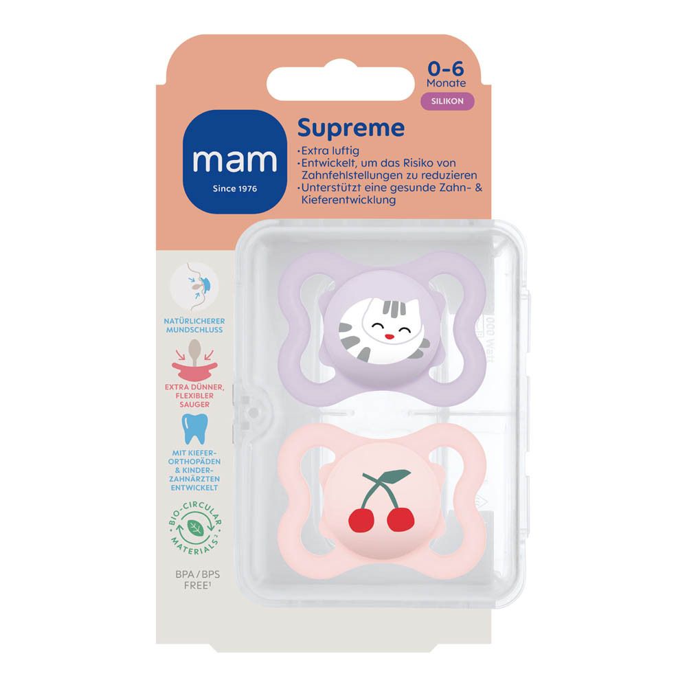 Deux sucettes MAM Supreme en silicone, 0-6 mois. Une sucette avec un visage de chat, l'autre avec des cerises.