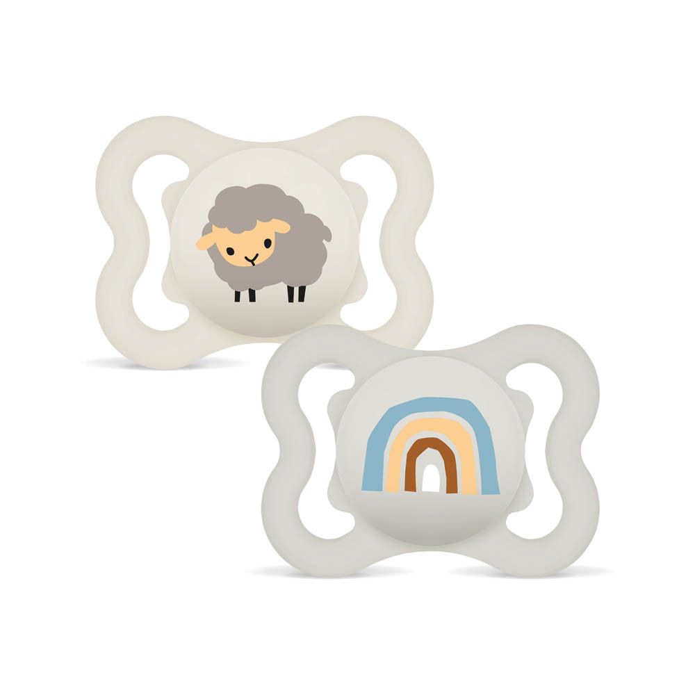 Emballage des sucettes MAM Supreme en silicone (0-6 mois) avec motifs dinosaure et feuilles.