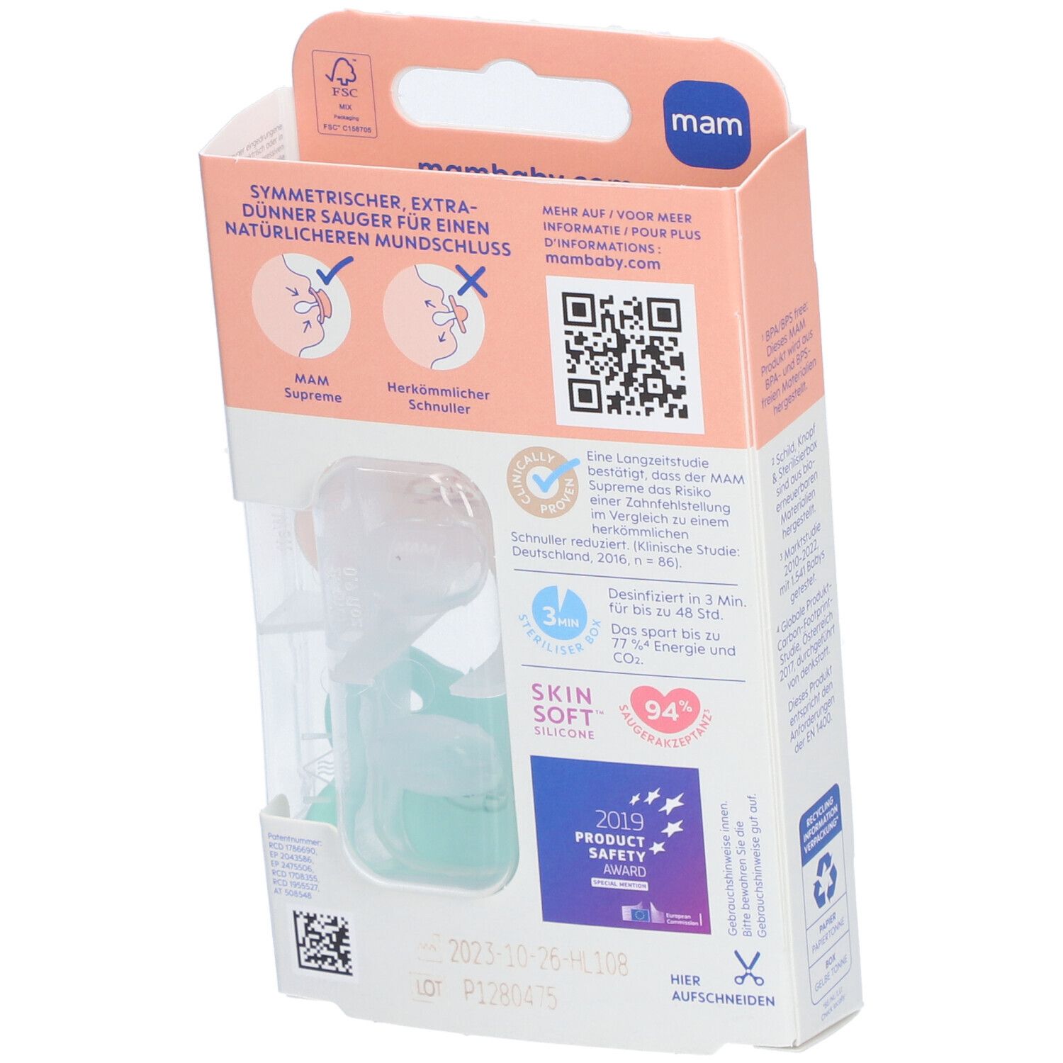 Dos de l'emballage de deux sucettes MAM 0-6 mois. Informations sur les sucettes, code QR, label de sécurité du produit.