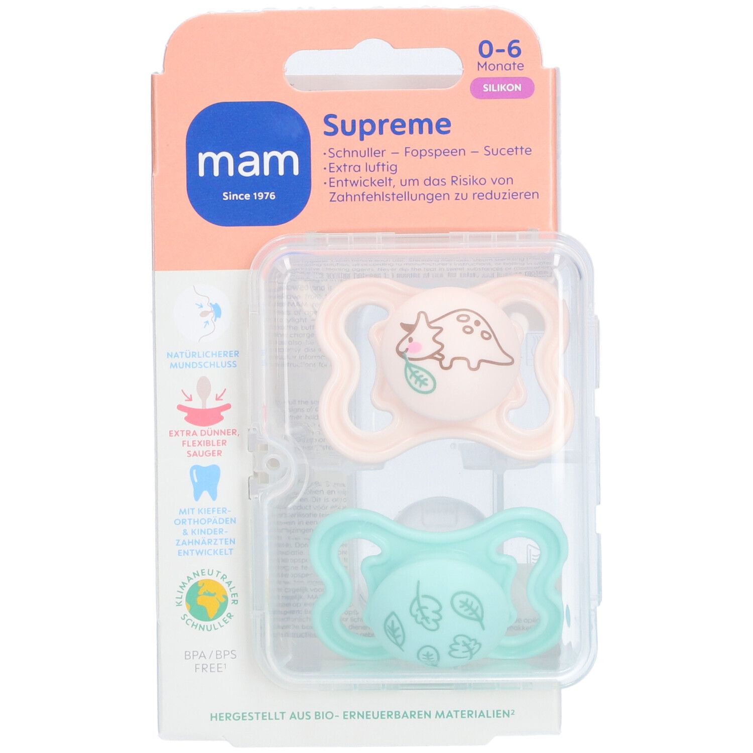 Emballage de deux sucettes MAM Supreme 0-6 mois. Tétines en silicone rose et menthe, motifs animaux et feuilles. Marque MAM.