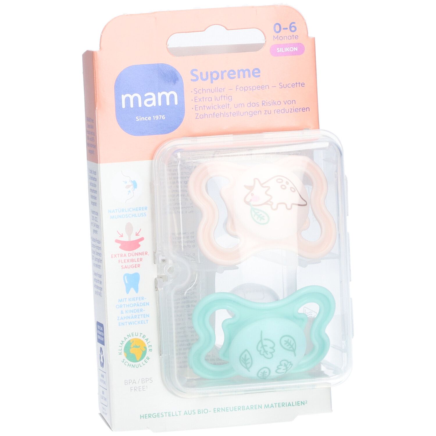 Emballage de deux sucettes MAM Supreme 0-6 mois. Tétines en silicone rose et menthe, motifs animaux et feuilles. Marque MAM.