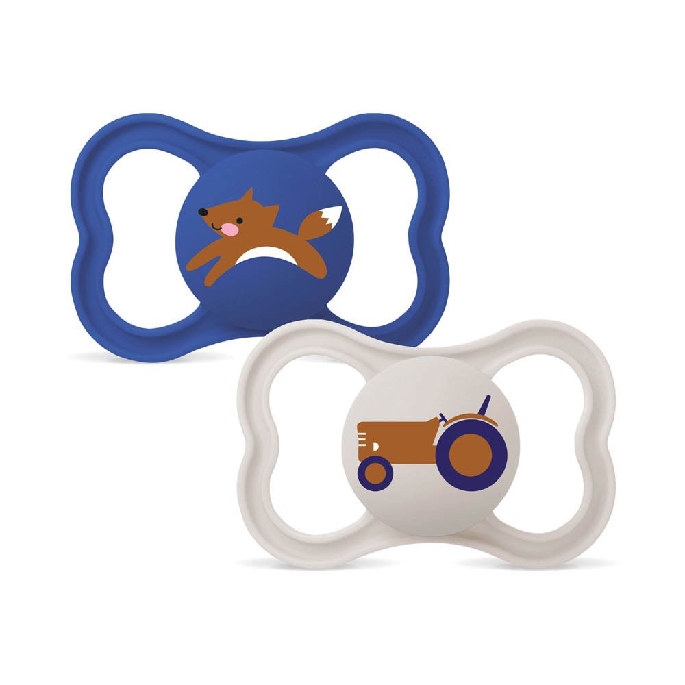 Deux sucettes MAM Supreme en silicone bleu avec motifs animaux (lion, feuilles), 16+ mois.