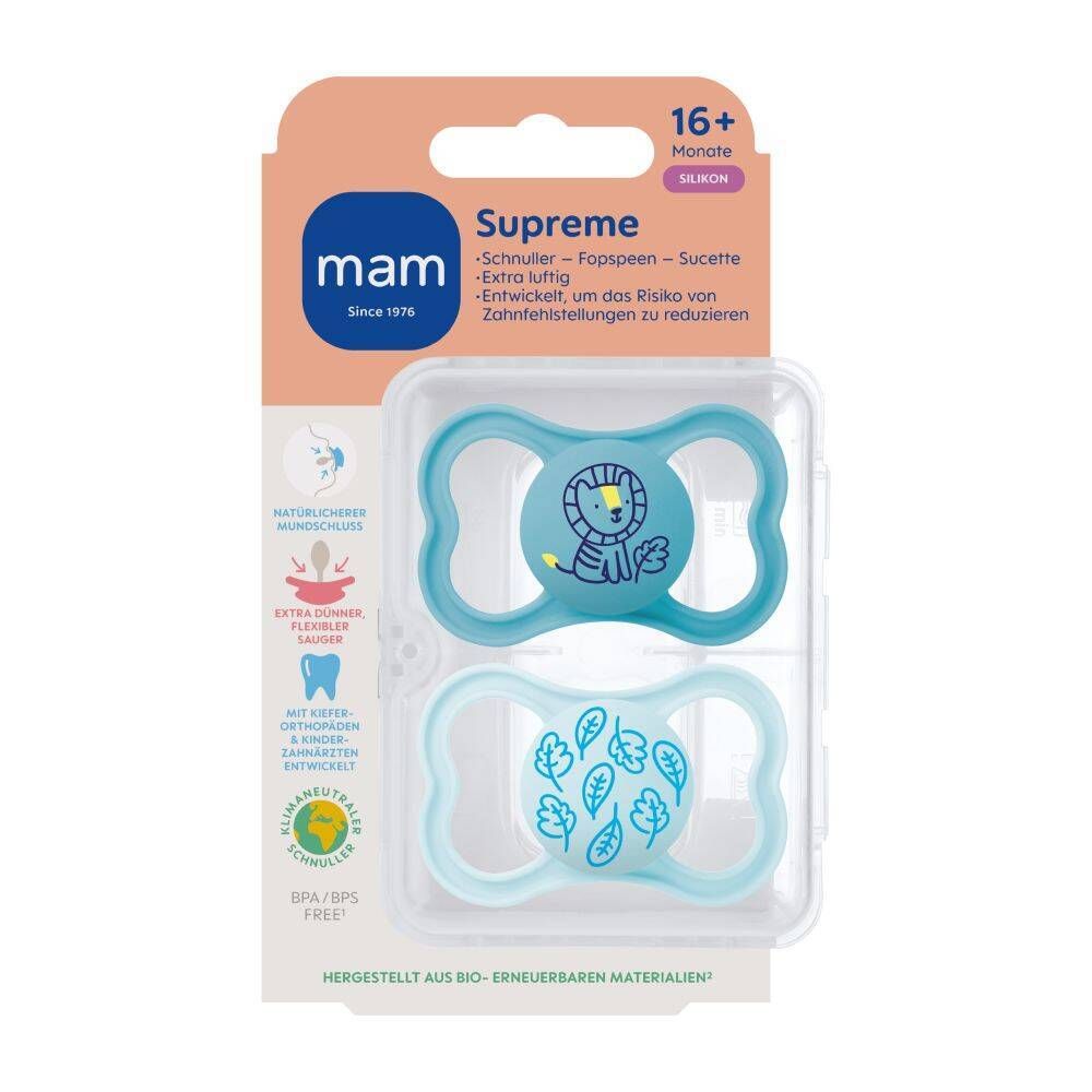 Sucettes MAM Supreme bleues, 16+ mois. Deux sucettes dans un emballage plastique. Motifs lion et feuilles.