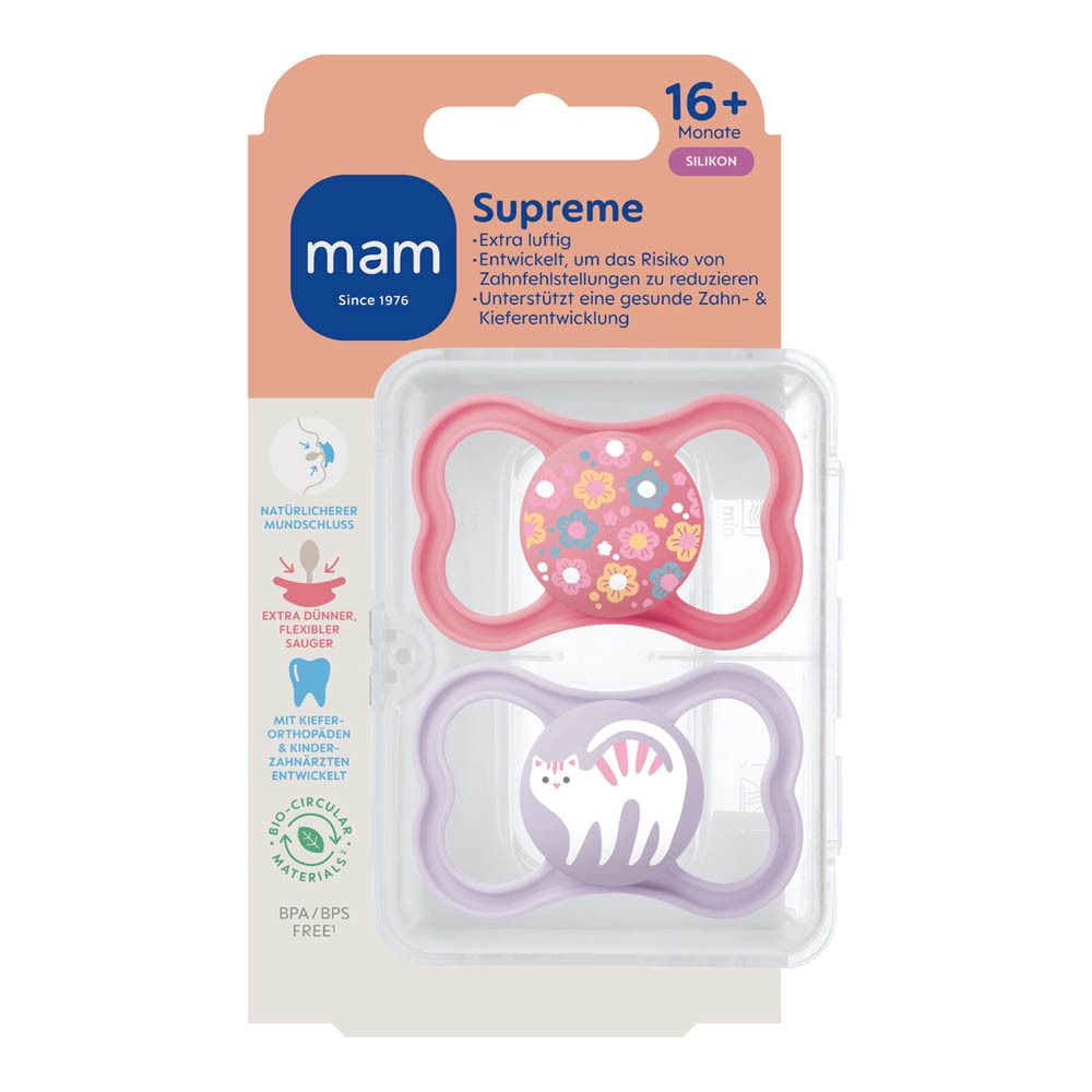 Emballage de deux sucettes MAM Supreme en silicone, rose et violet, 16+ mois. Motifs animal et floral.