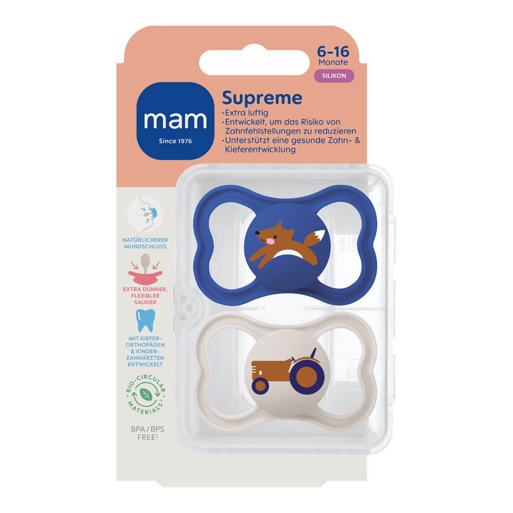 Deux sucettes MAM Supreme en silicone bleu, 6-16 mois. Une sucette avec un lion, l'autre avec des feuilles.