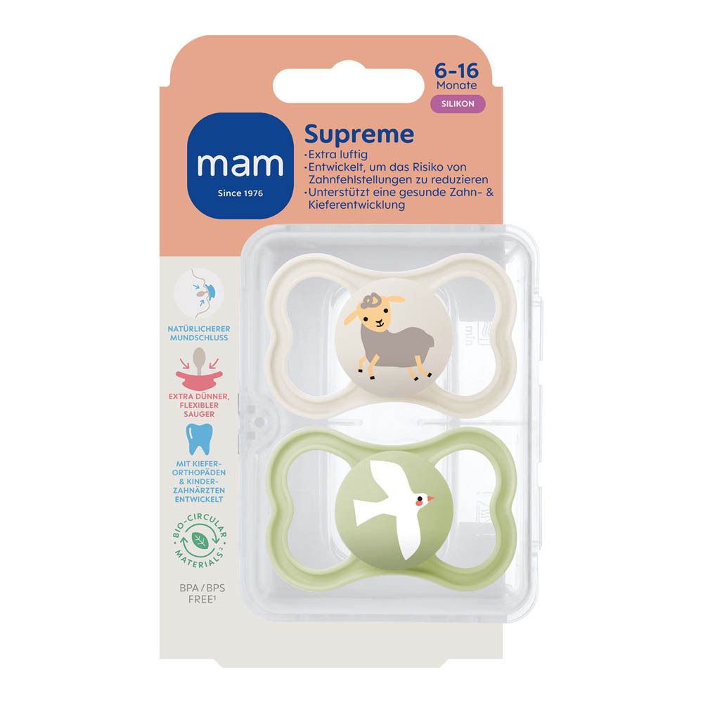 Deux sucettes MAM Supreme en silicone (6-16 mois) beige et vert avec motifs animaux (écureuil, feuilles).