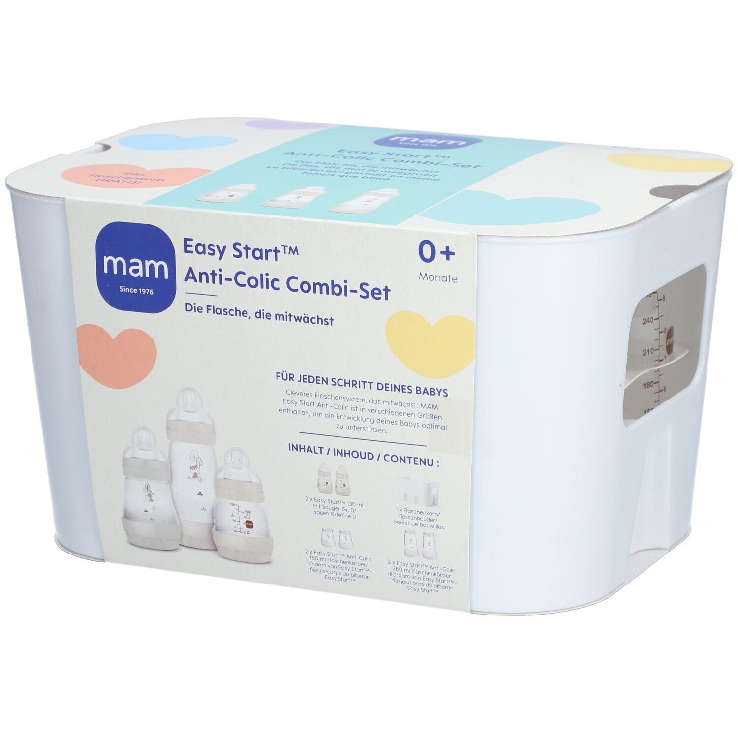 mam Easy Start Anti-Colic Kombi-Set. Boîte blanche avec biberons. Contient biberons, tétines et accessoires. 0+ mois.