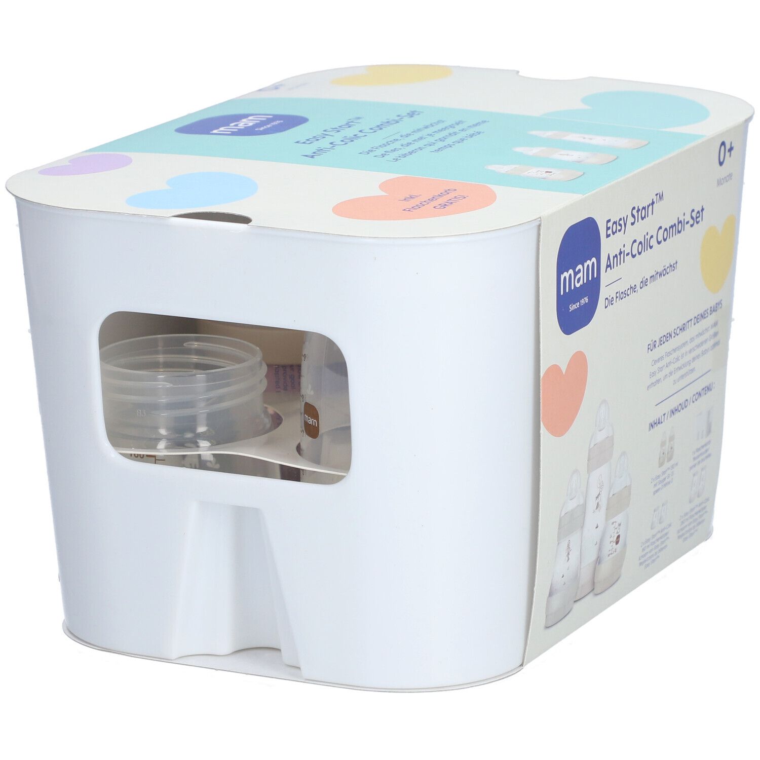 mam Easy Start Anti-Colic Kombi-Set. Boîte blanche avec fenêtre. Contient biberons et accessoires. 0+ mois.