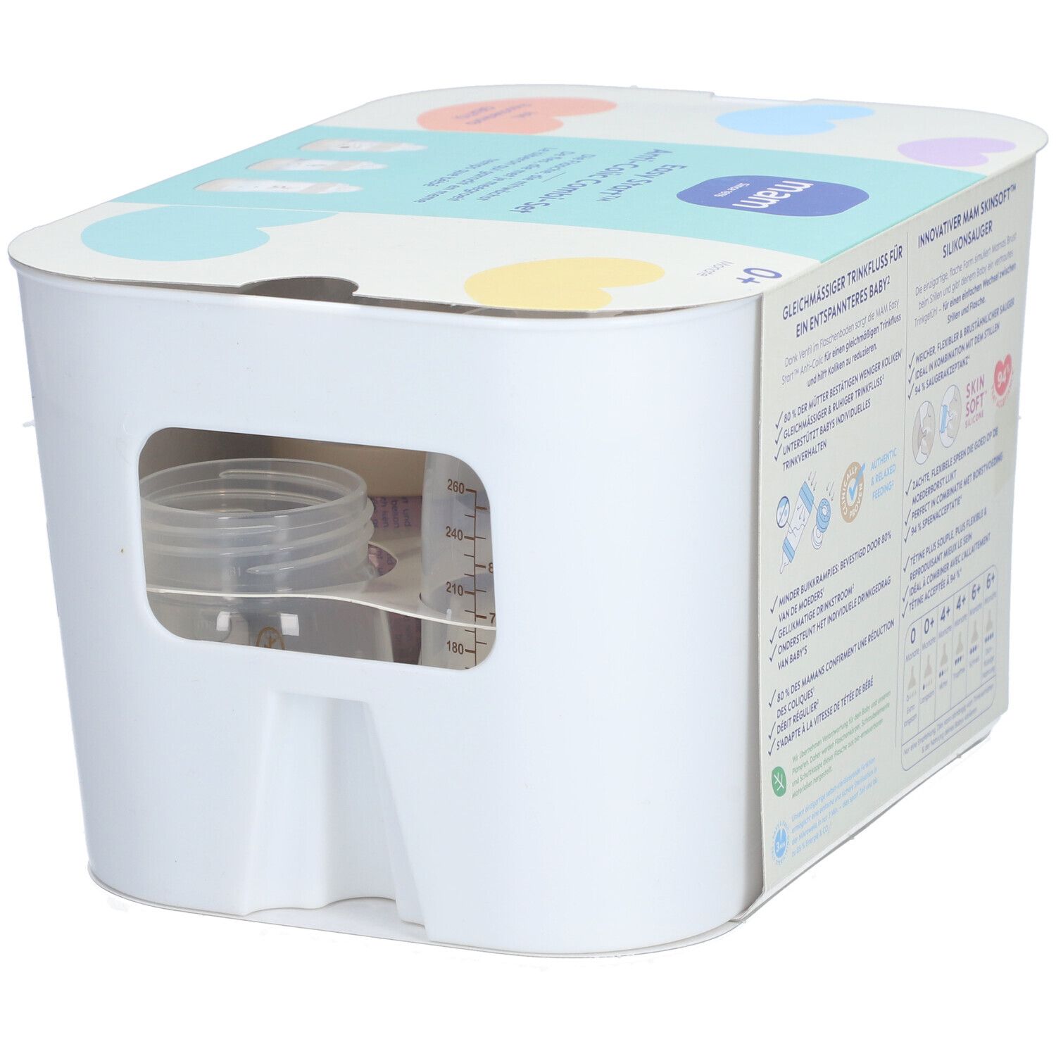 mam Easy Start Anti-Colic Kombi-Set. Boîte blanche avec fenêtre. Contient biberons et accessoires. 0+ mois.