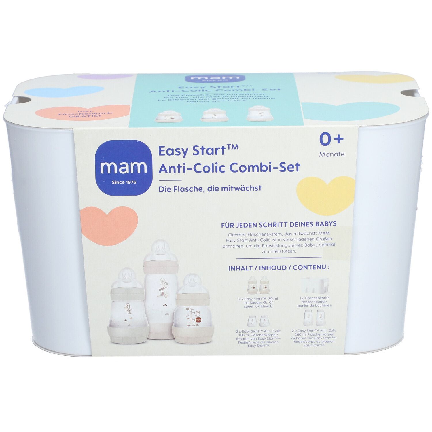 mam Easy Start Anti-Colic Kombi-Set. Boîte blanche avec biberons. Contient biberons, tétines et accessoires. 0+ mois.