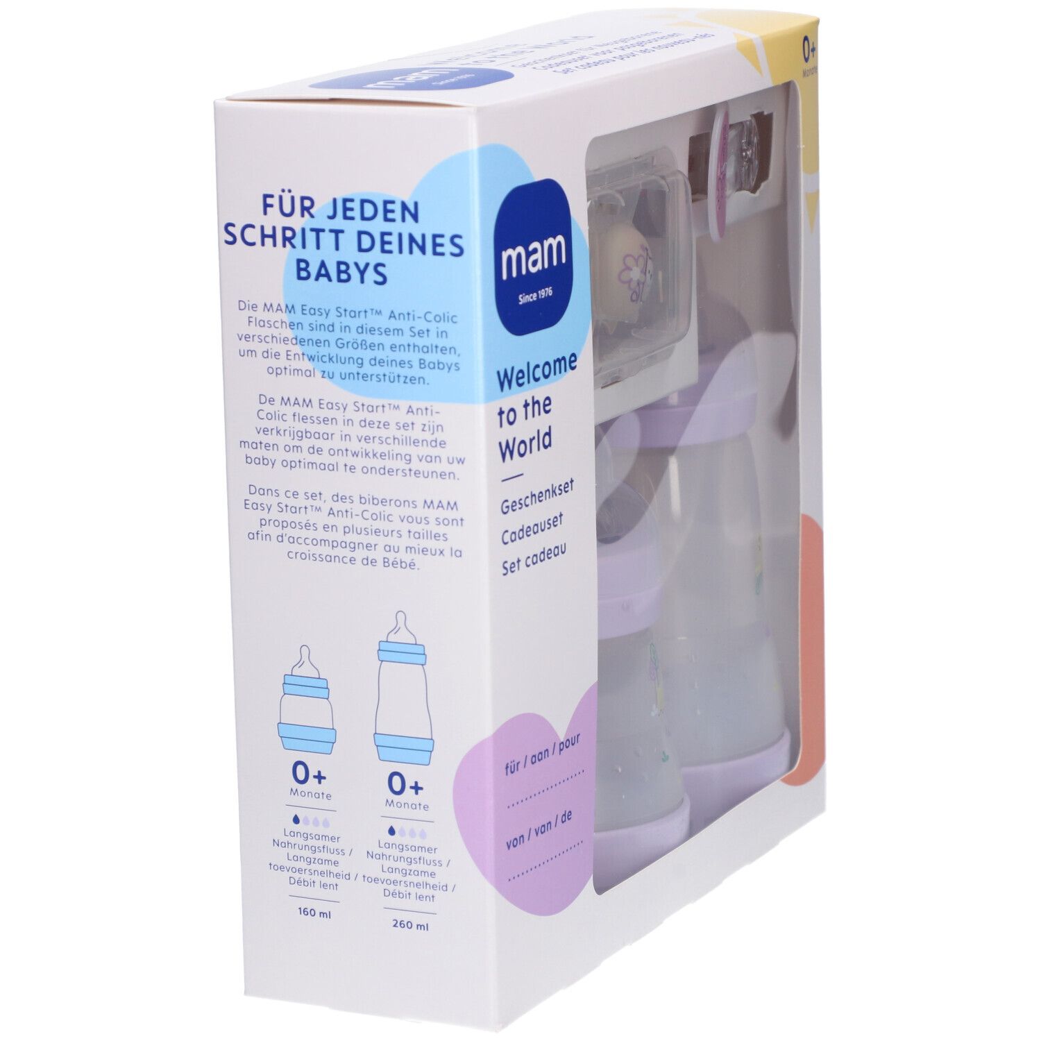 Emballage de set de biberons. Nom et marque du produit visibles. Texte en allemand, français, néerlandais et italien.