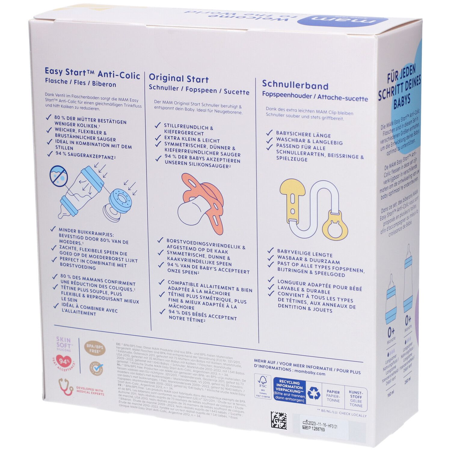 Dos de l'emballage avec informations sur le produit. Texte en allemand, français, néerlandais et italien. Illustrations du produit.