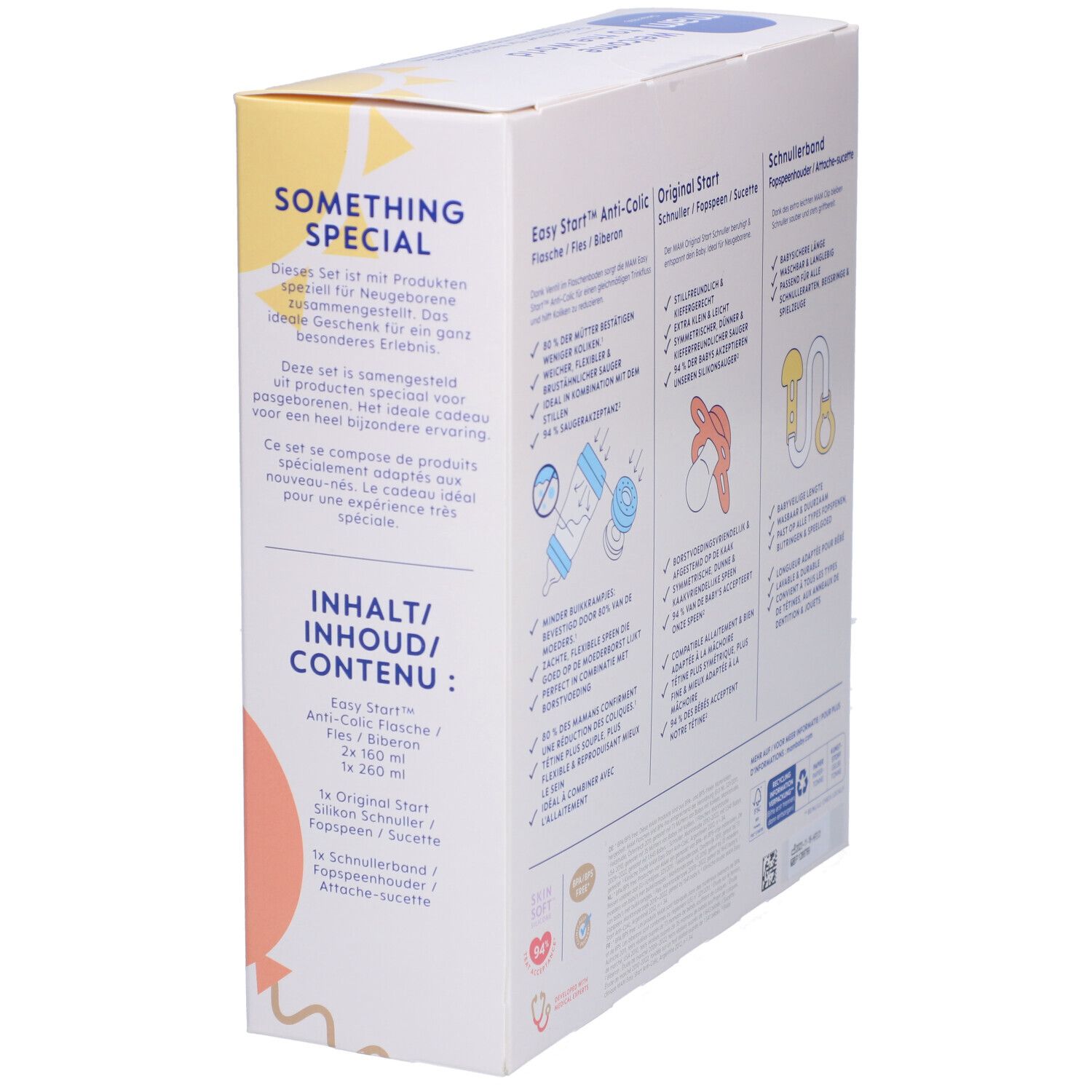 Emballage avec informations sur le produit. Texte en allemand, français, néerlandais et italien. Contient biberons et sucette.