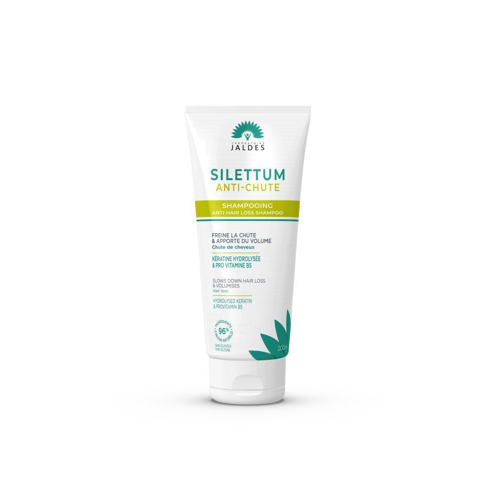 Tube blanc et vert. Texte: Silettum Anti-Chute Shampooing. Contient kératine hydrolysée et provitamine B5. 96% ingrédients naturels.