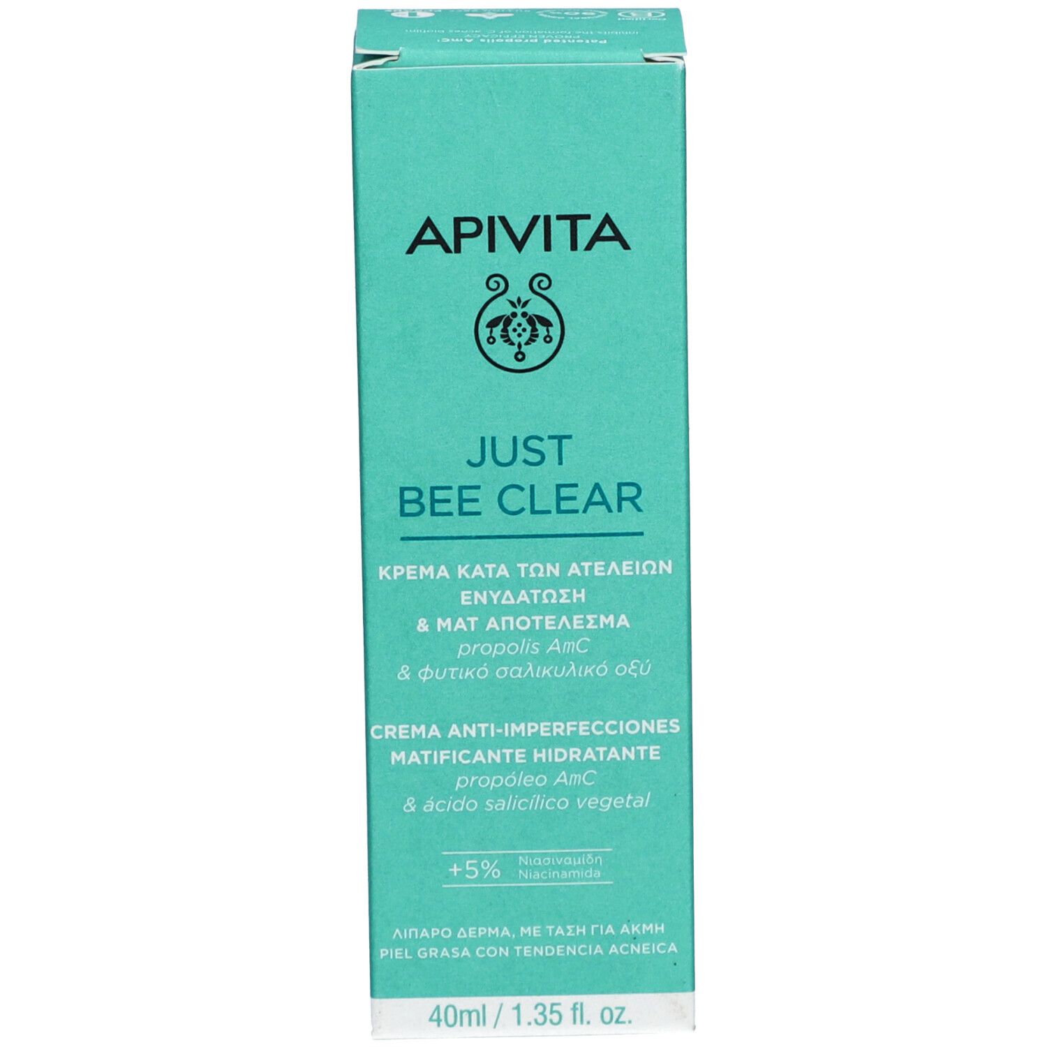 Boîte Apivita Just Bee Clear avec informations sur les soins de la peau