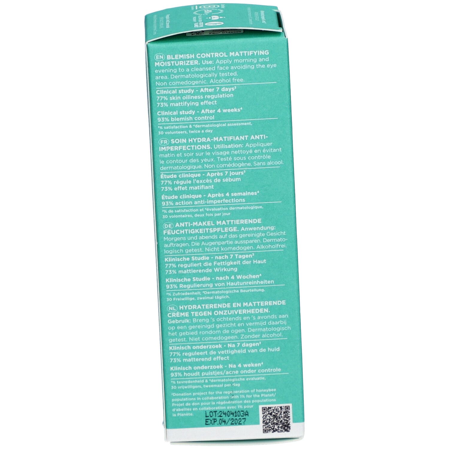 Emballage d'un hydratant matifiant pour le contrôle des imperfections cutanées.