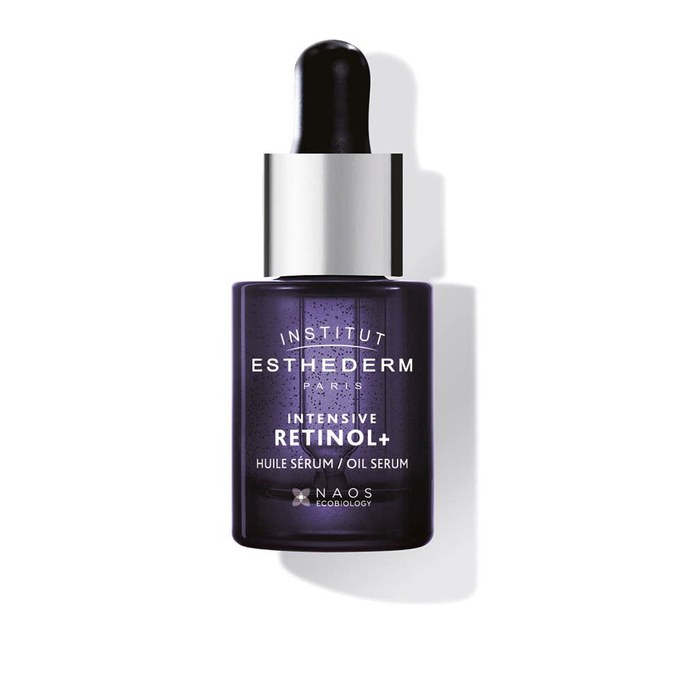 Flacon violet foncé avec pipette. Inscription: Institut Esthederm, Intensive Retinol+, huile sérum.