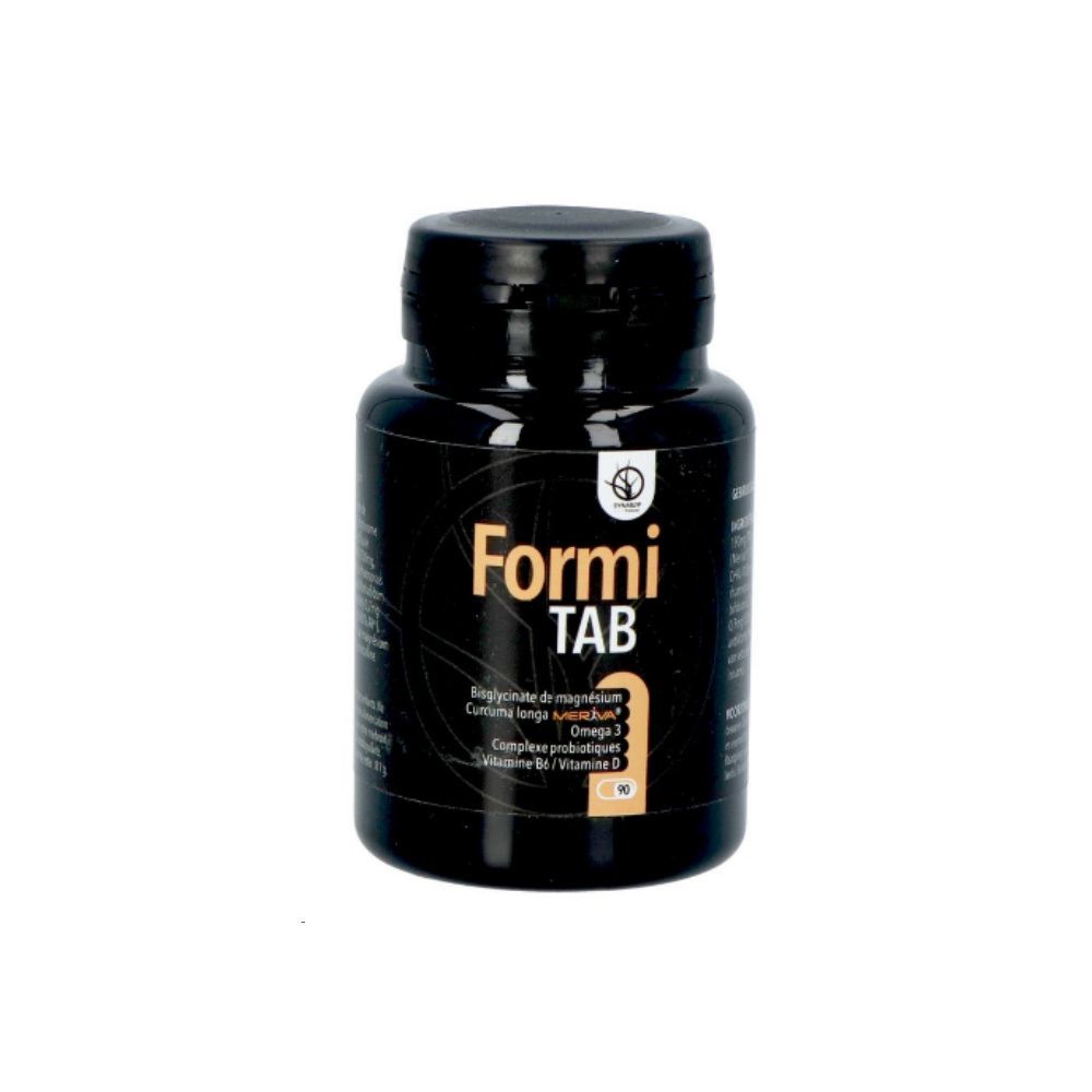 Flacon noir avec bouchon noir. Inscription : Formi TAB. Contient magnésium, Oméga 3, Vitamine B6/D. 90 comprimés.