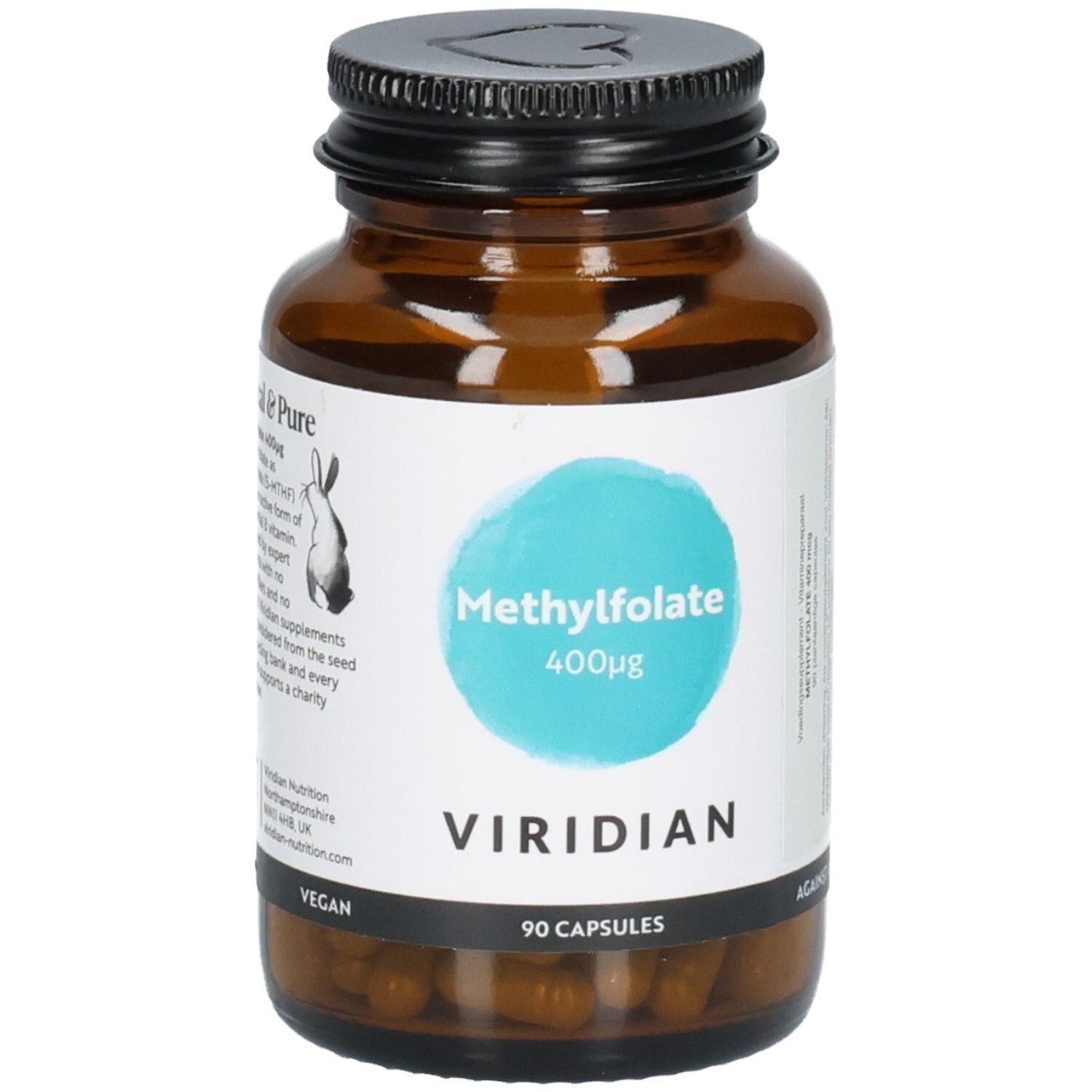 Flacon en verre ambré avec bouchon noir, étiquette "Methylfolate 400μg" et "VIRIDIAN". 90 gélules.