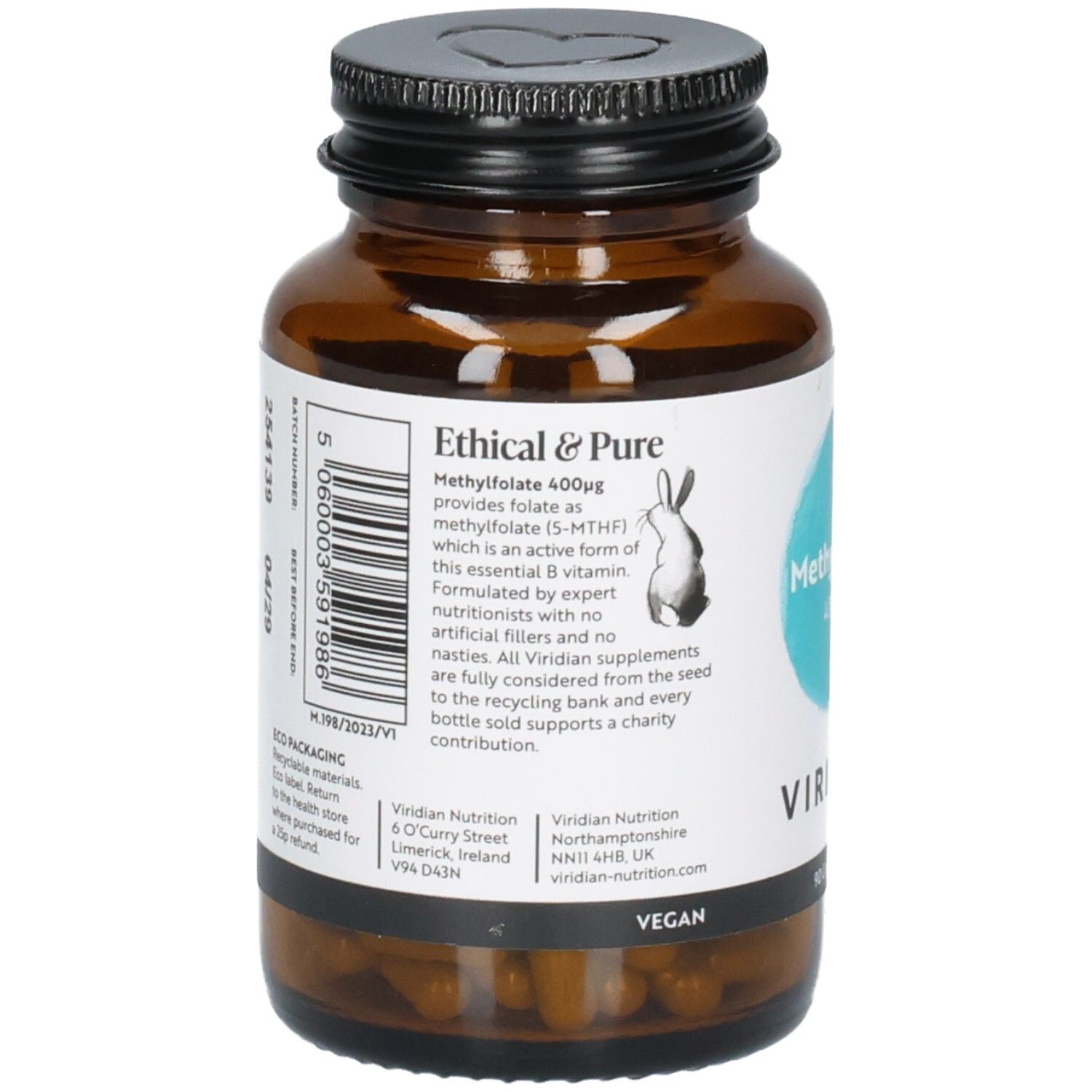 Arrière d'un flacon en verre ambré avec étiquette "Ethical & Pure" et informations sur le Méthylfolate 400μg.
