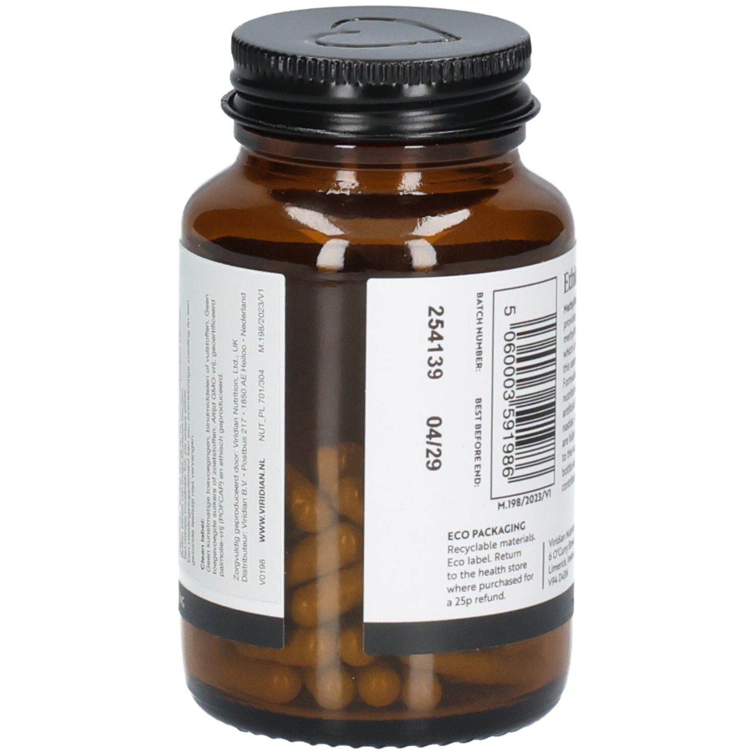 Côté d'un flacon en verre ambré avec étiquette indiquant le numéro de lot et la date d'expiration. 90 gélules.