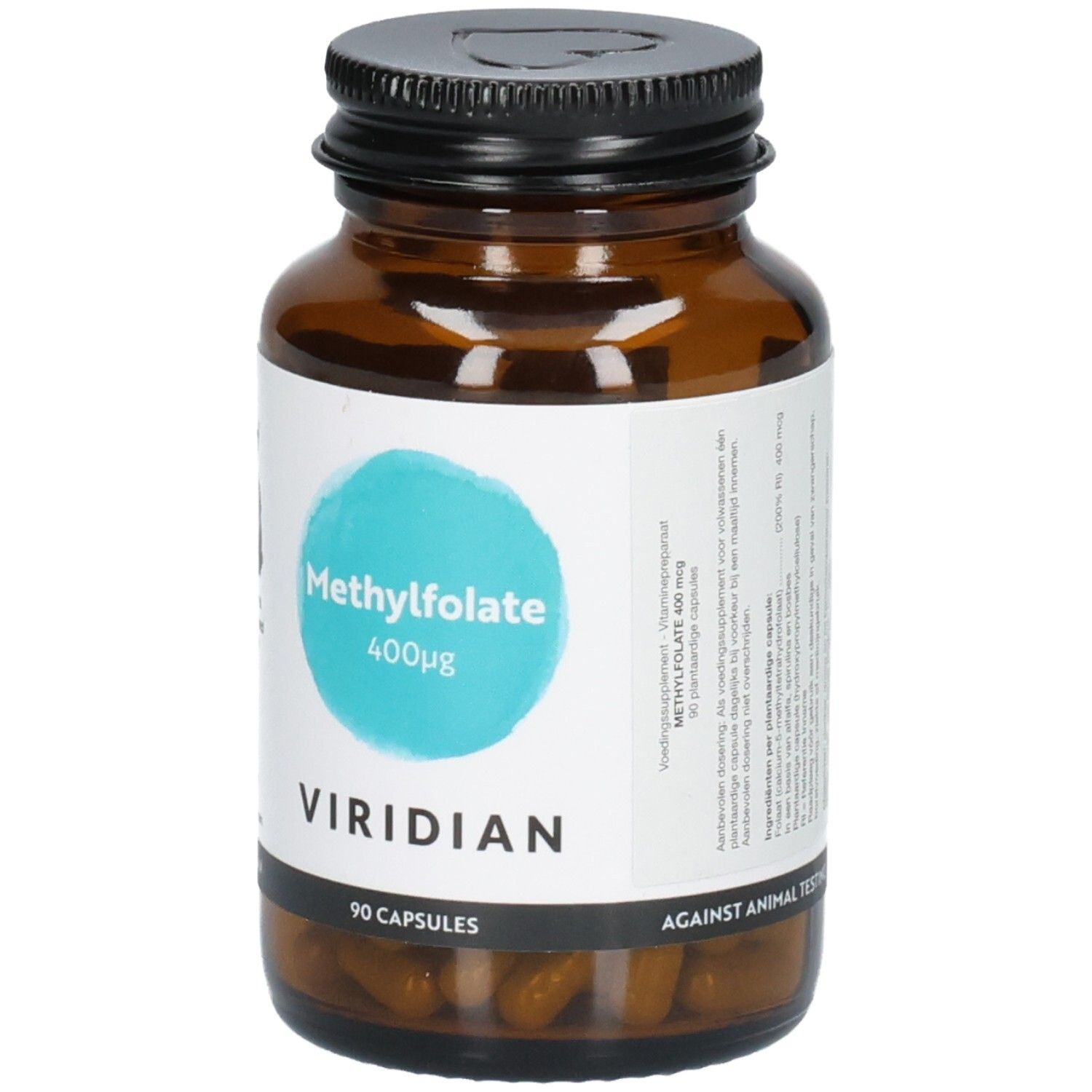 Flacon en verre ambré avec bouchon noir, étiquette "Methylfolate 400μg" et "VIRIDIAN". 90 gélules.