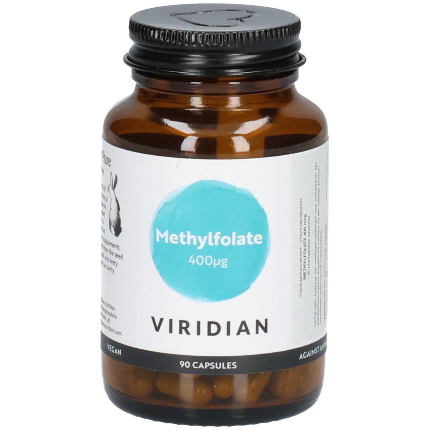 Flacon en verre ambré avec bouchon noir, étiquette "Methylfolate 400μg" et "VIRIDIAN". 90 gélules.