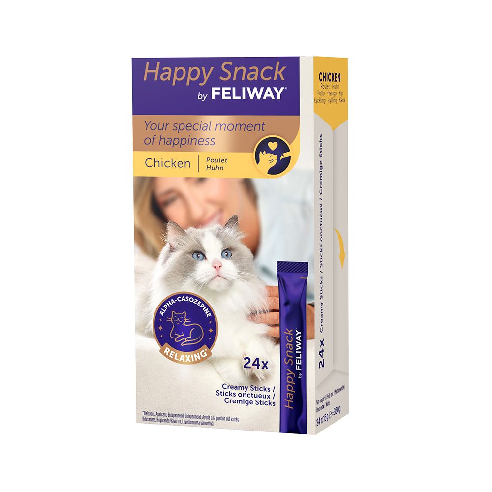 Happy Snack Feliway, poulet. 24 sticks. Chat sur l'emballage.