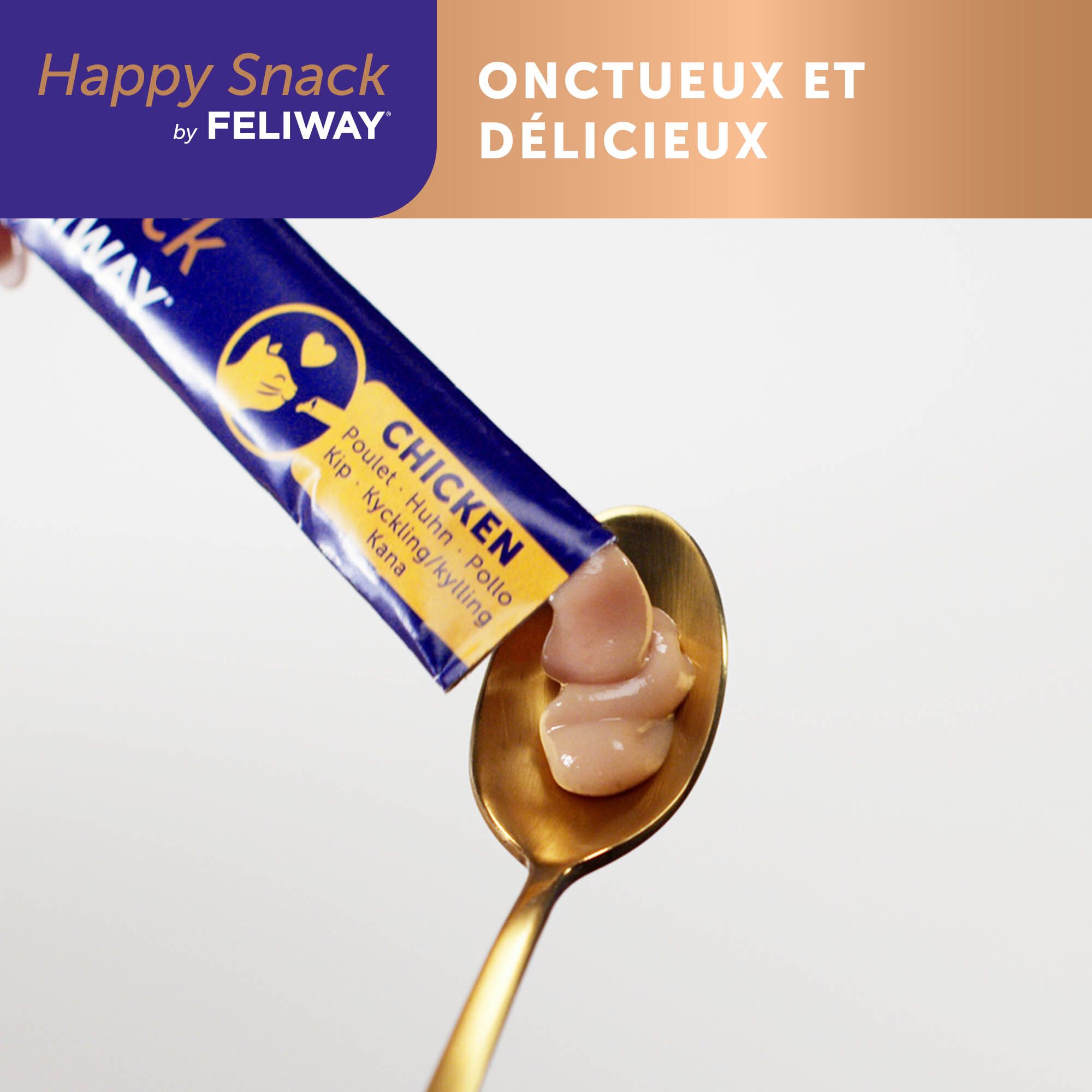Cuillère avec Happy Snack Feliway, poulet. Texte et produit.