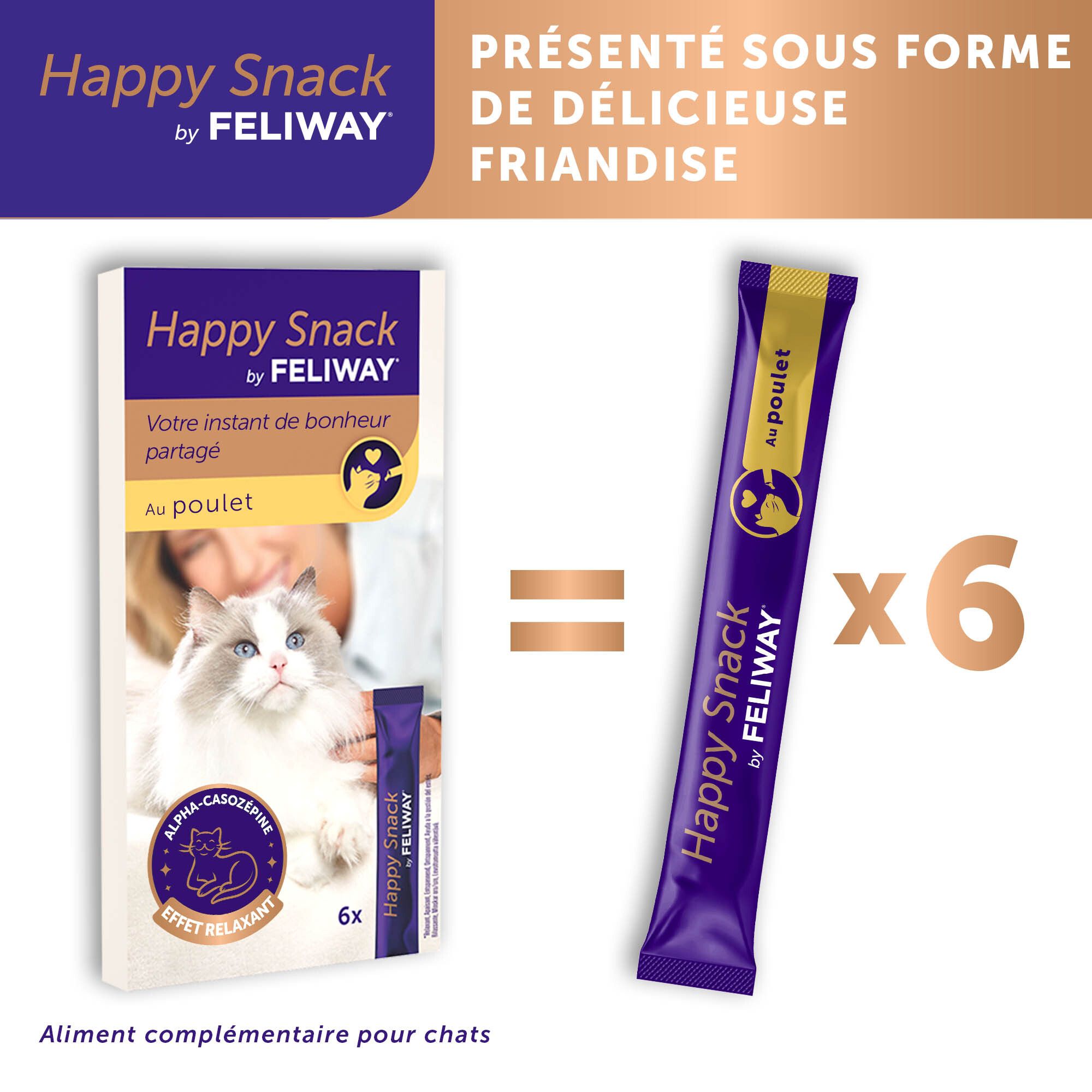 Boîte et stick Happy Snack Feliway. 6 sticks. Chat.