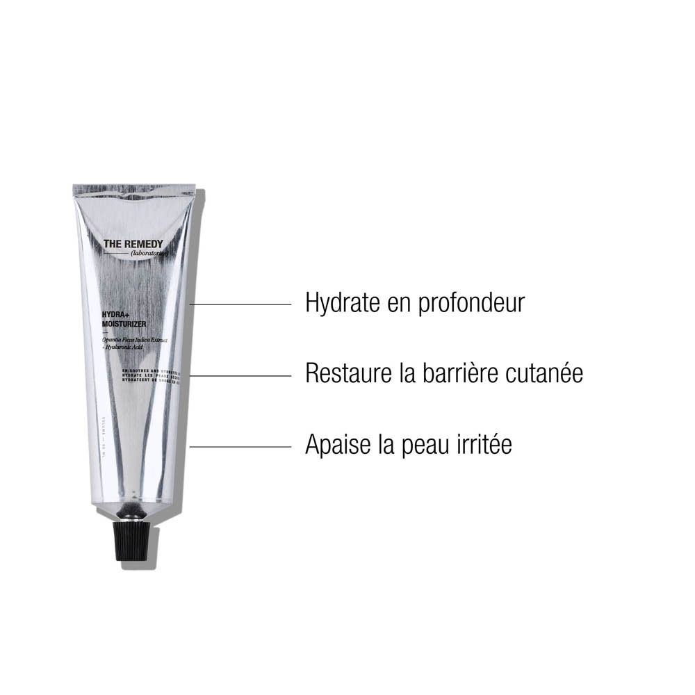 Arrière de l'emballage de la crème hydratante The Remedy Hydra+ avec instructions d'utilisation.