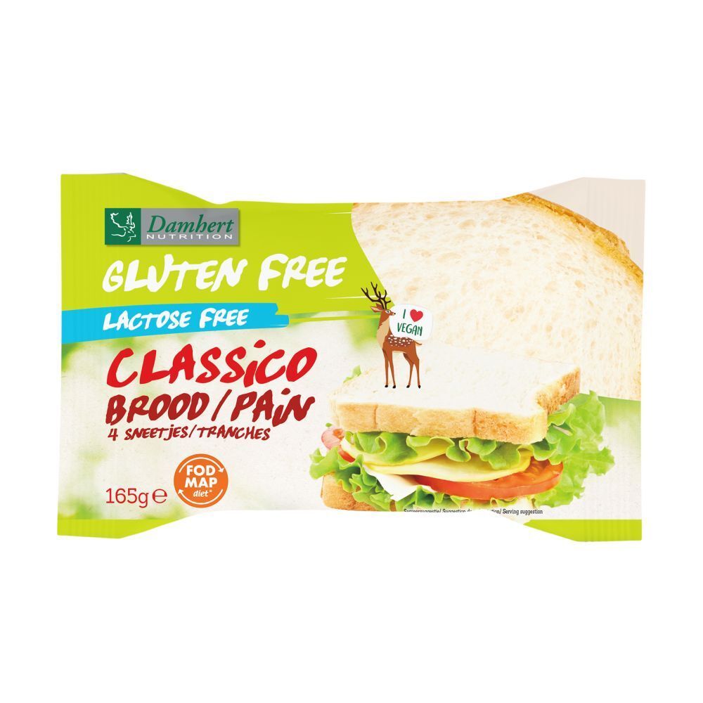 Paquet de pain sans gluten. Inscriptions : Gluten Free, Lactose Free, Classico, 4 tranches. Sandwich avec salade, fromage et tomate.
