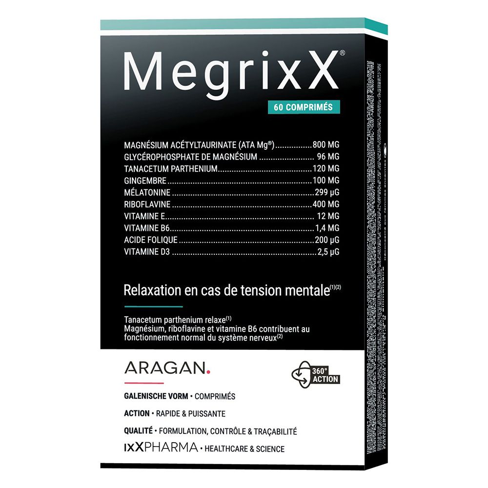Vue de face de la boîte MEGRIXX® avec 60 comprimés. Contient magnésium, vitamine D et mélatonine. Fond noir.