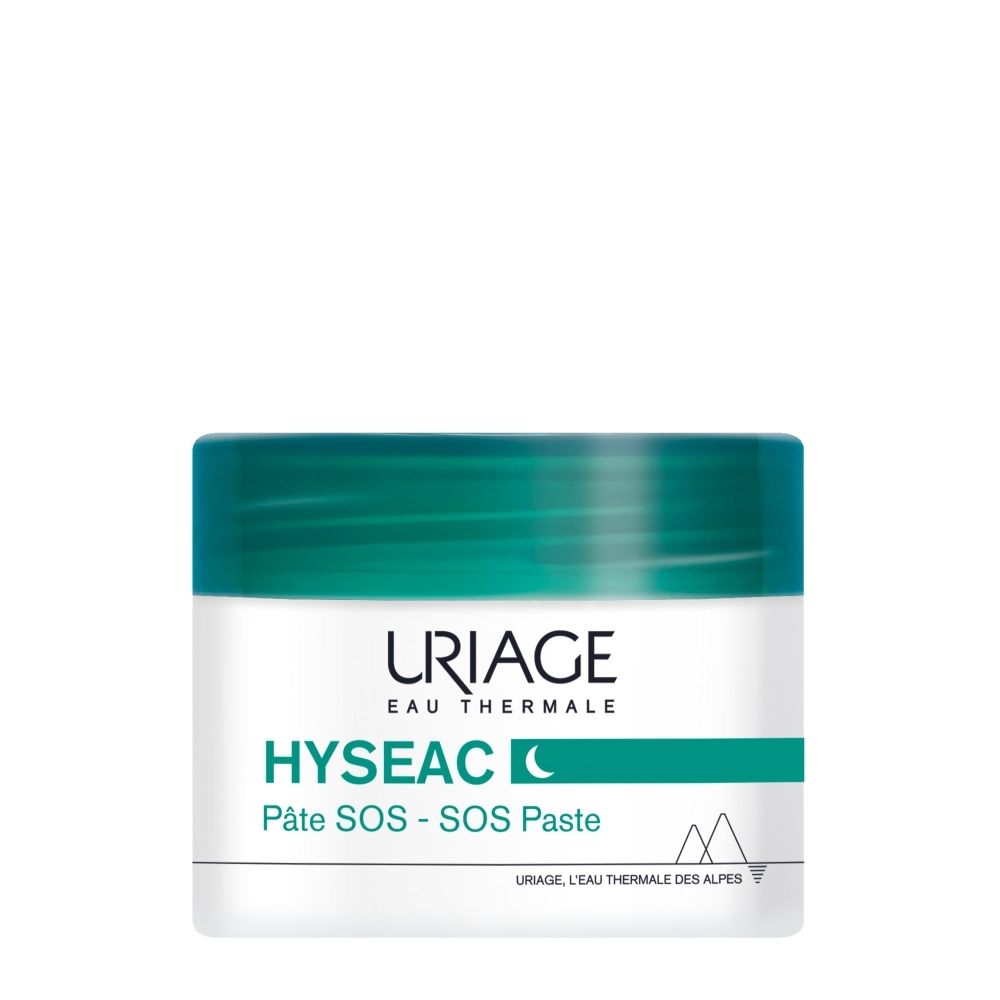 Uriage Hyséac Pâte SOS : pot avec couvercle turquoise et corps blanc, contenant les informations produit.