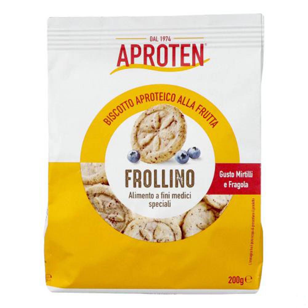 Paquet de biscuits Aproten aux fruits. Inscription : Frollino, goût myrtille et fraise. 200g. Illustration du produit.