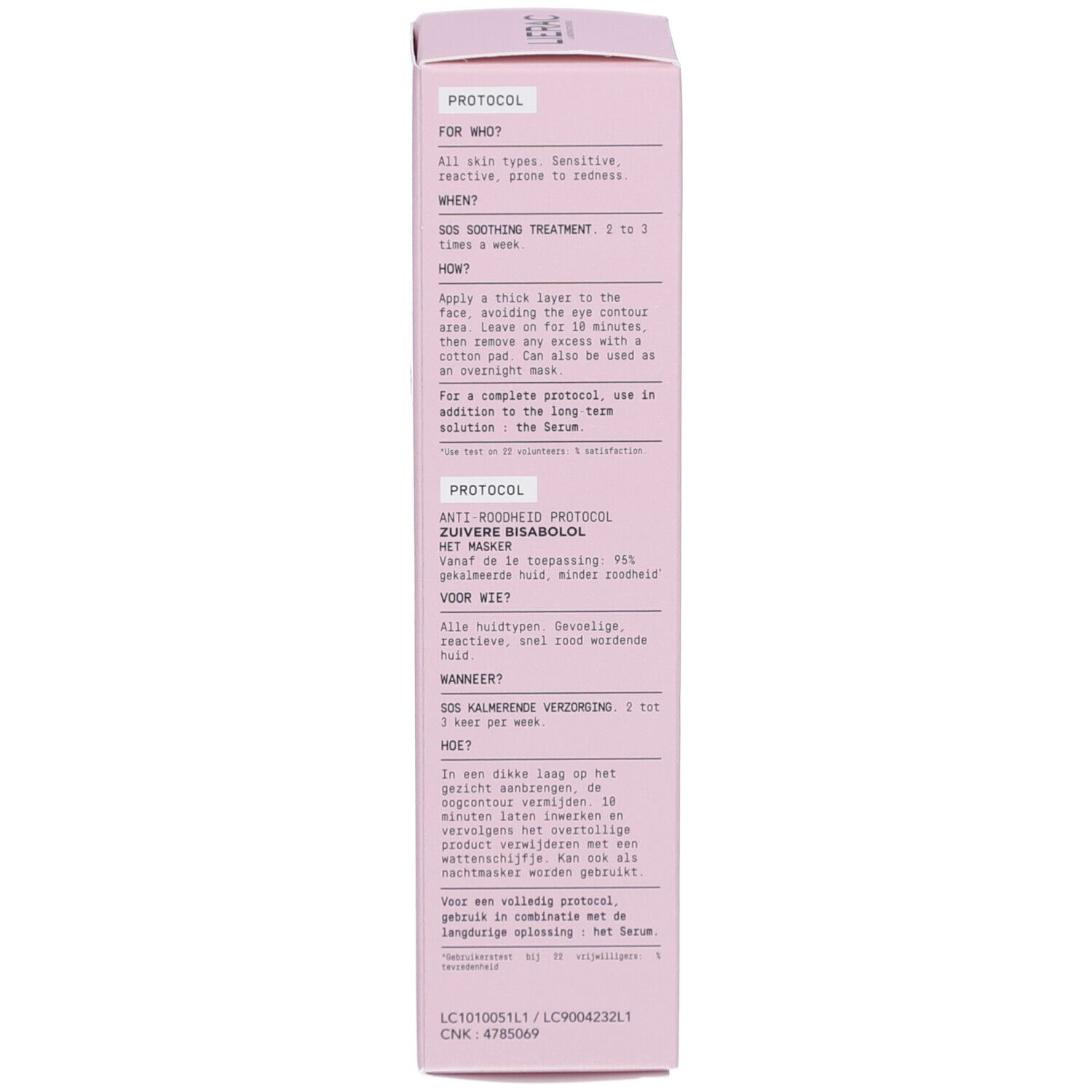 Boîte rose, texte multilingue. Informations d'utilisation et ingrédients. Marque: LIERAC.
