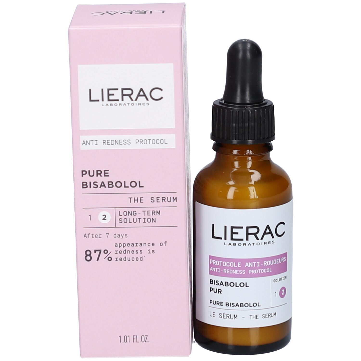 Lierac Proto Anti-Rougeurs Sérum et emballage. Emballage rose avec informations produit et logo.